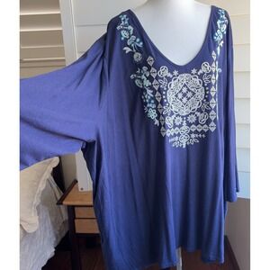 Womans Within Plus 5X Cotton Blend 3/4 Sleeve Embroidered V Neck Top Shirt Boho